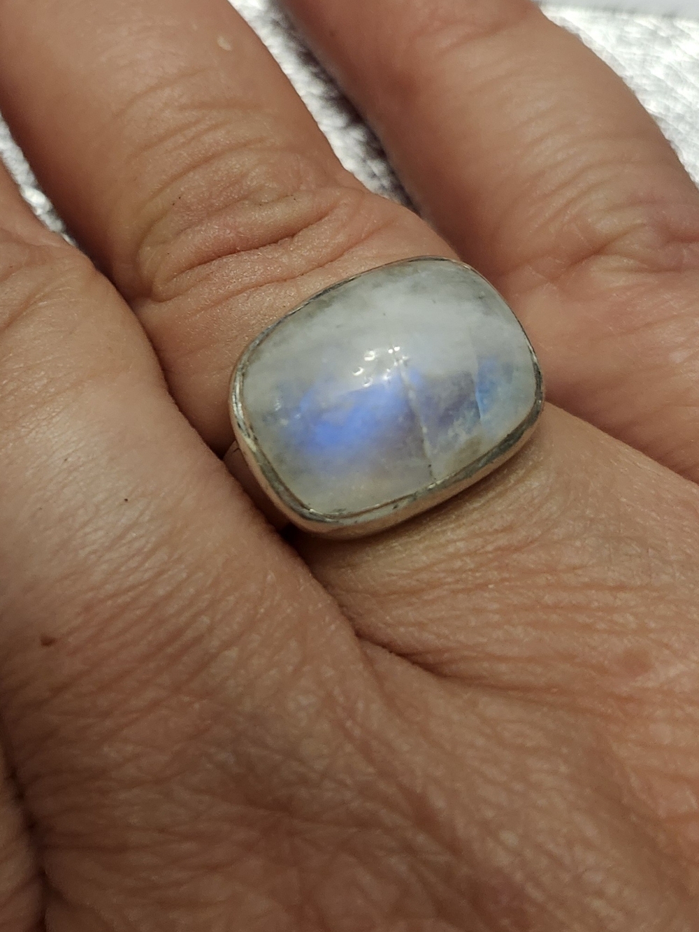Natural Moonstone Ring with Blue Flash - Sterling Silver 925 Size 6.75